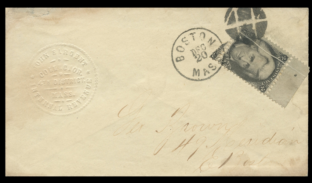 United States 1861-68 Issues (73) 1861 2c black, sheet margin single exhibiting a pre-printing paper fold, tied by black cork and Dec 20 Boston, Mass. datestamp on cover paying the drop rate...