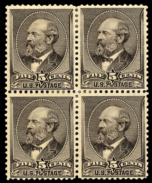 United States 1881-1888 Bank Note Issue (205) 1881 5c yellow brown, block of four, rich color, wide margins, h.r., fine-v.f., cat. $1,150