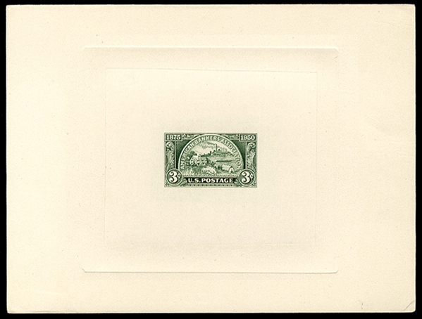 United States 1930-79 Issues (987TC1) 1950 American Bankers Association, 3c trial color large die proof in green, die mounted on card (202x152mm), with blue control no. and engravers stock...