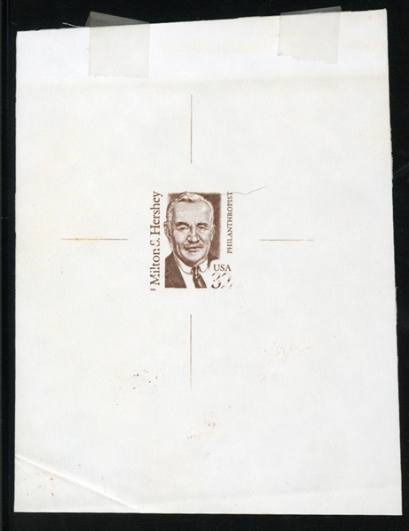 United States Modern Issues (2933P) 1995 Milton Hershey, 32c die proof on gummed paper, guide-line markings on all sides, creases and scotch tape stains on top, fine and undoubtedly very rare