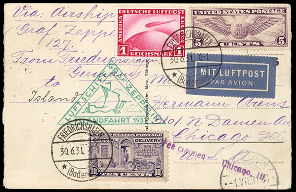 United States - Zeppelin Flights 1931 Iceland Flight, picture postcard from Friedrichshafen, with U.S. 5c and 10c (Special Delivery), used in combination with Germany 1m carmine, tied...