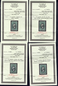 United States - Official Stamps (O68-71) 1873 State, $2-$20 green and black, four top values, $2 and $10 unused without gum, reperforated (the latter regummed over faults), others part original,...