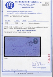 United States - Postal Stationery (U170) 1881 3c green on blue, entire, size 10, knife 54, watermark 5, cork cancel, with Burlington, VT Feb 24 1882 cds alongside, addressed to West Royton,...