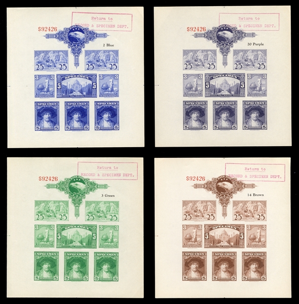 United States - American Banknote Co. Proofs 1934 Color Charts, 23 different sheetlets of eight, showing four different designs, various colors noted, each with red handstamp "return to...