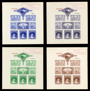 United States - American Banknote Co. Proofs 1934 Color Charts, 23 different sheetlets of eight, showing four different designs, various colors noted, each with red handstamp return to...