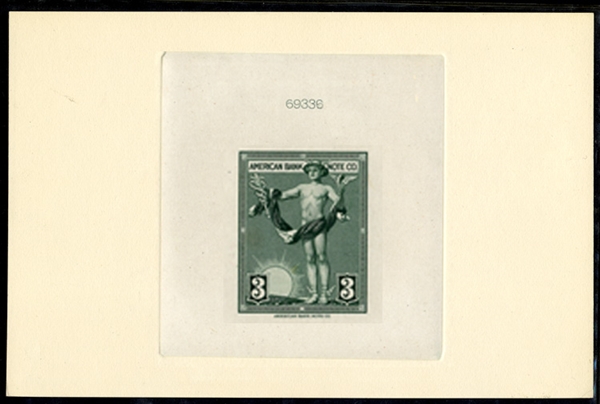 United States - American Banknote Co. Proofs 1934 3c green, large die proof, die sunk on card, v.f.