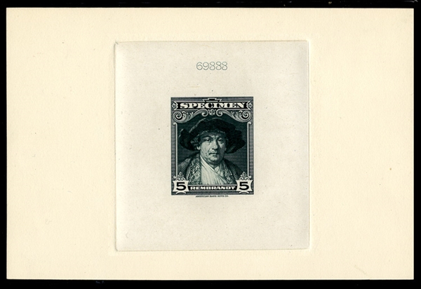 United States - American Banknote Co. Proofs 1934 5c Rembrandt, large die proof in green, die sunk on card, v.f.