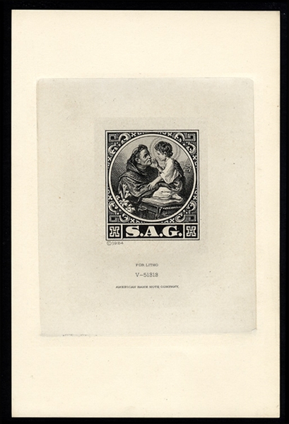 United States - American Banknote Co. Proofs 1934 American Bank Note Co., three different large die proofs printed for "S.A.G.", diff. religious designs, each with "for litho" inscription,...