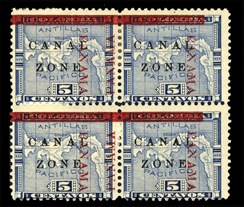 UNITED STATES POSSESSIONS Canal Zone (12var) 1904 5c blue, block of four, with Panama shifted left, resulting in right stamps with only one Panama and left stamps with two Panama close...