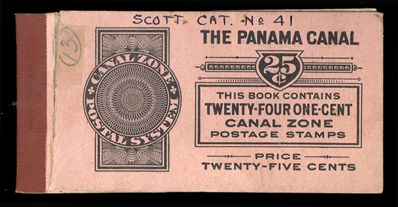 UNITED STATES POSSESSIONS Canal Zone (38b) 1912 1c green & black, complete booklet pane of six, disturbed gum, stitched with back cover, glassine interleaves and top pair of the adjoining pane,...