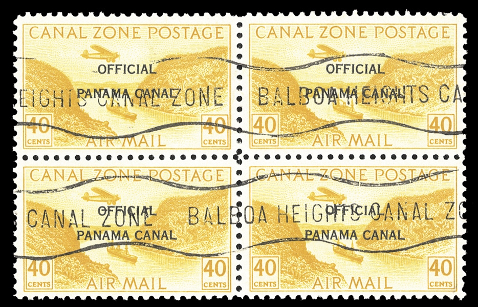 UNITED STATES POSSESSIONS Canal Zone Air Post Officials (CO8-12) 1941 5c-40c, type II, complete set of five blocks of four, used, fine-v.f. and scarce set of multiples, cat. $5,050