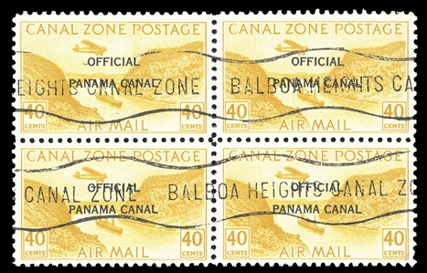 UNITED STATES POSSESSIONS Canal Zone Air Post Officials (CO8-12) 1941 5c-40c, type II, complete set of five blocks of four, used, fine-v.f. and scarce set of multiples, cat. $5,050