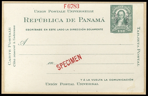 UNITED STATES POSSESSIONS Canal Zone Postal Stationery (U1S) 1916 1c green & black, entire envelope, partially card mounted, with red Specimen and serial numbers, two security punches, fine and rare