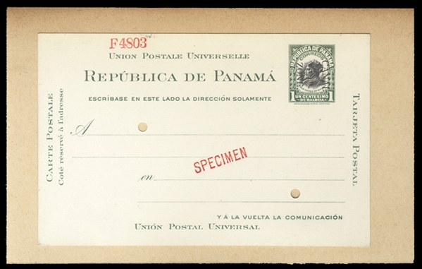 UNITED STATES POSSESSIONS Canal Zone Postal Stationery (UX5S) 1921 1c green, postal card, card mounted, red "Specimen" and serial number, light corner crease, otherwise v.f.