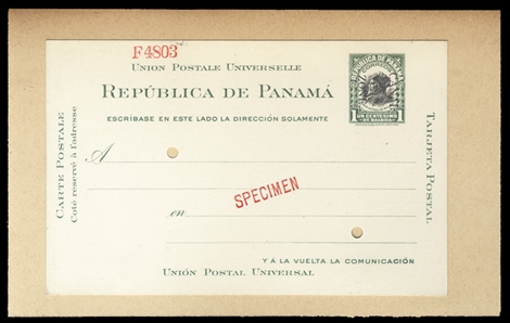 UNITED STATES POSSESSIONS Canal Zone Postal Stationery (UX5S) 1921 1c green, postal card, card mounted, red Specimen and serial number, light corner crease, otherwise v.f.
