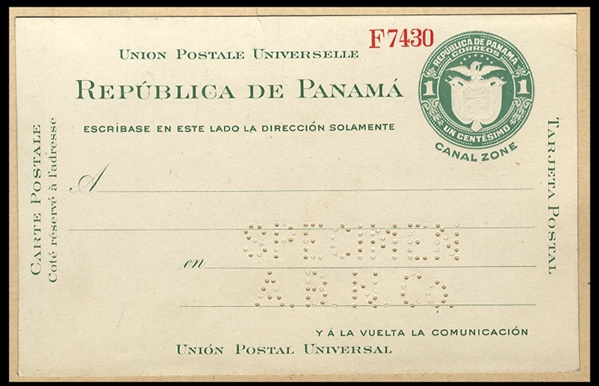 UNITED STATES POSSESSIONS Canal Zone Postal Stationery (UX6S) 1924 1c green, postal card, card mounted, perforated "Specimen A.B.N.Co.", with red serial number, v.f., extremely rare