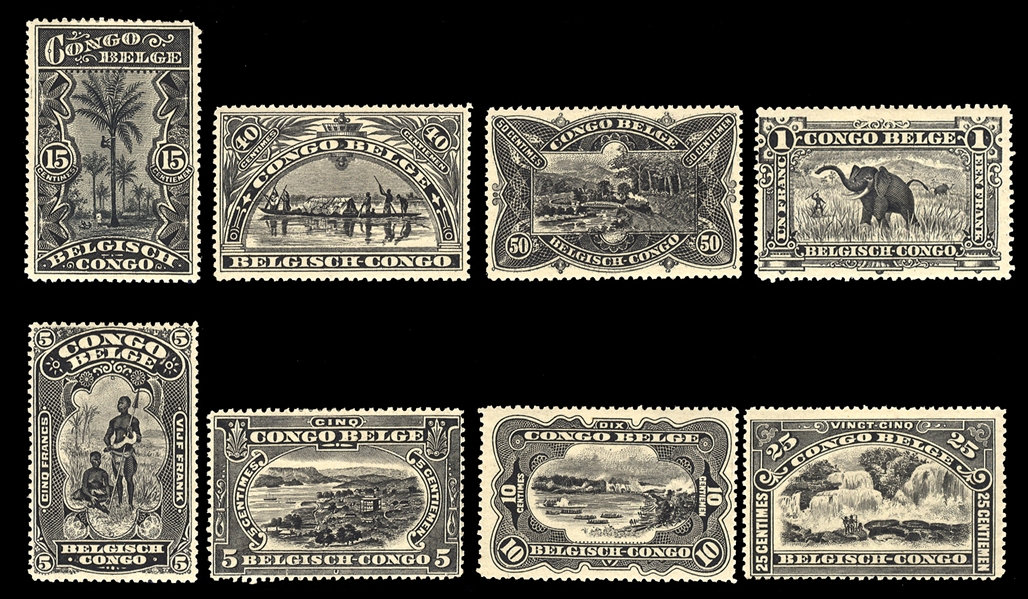 BELGIAN CONGO (45/57P) 1910 5c-5fr, eight different perforated and gummed trial color proofs in black, fine-v.f.