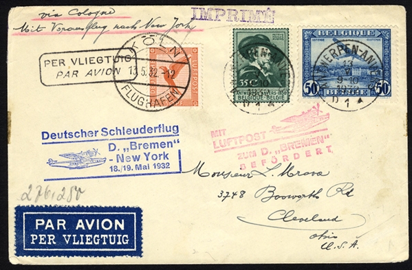 BELGIUM  Dornier Do-X Flights 1932 (18 May) "Bremen" to New York, blue cachet, mixed franking with German adhesives, fine-v.f., rare