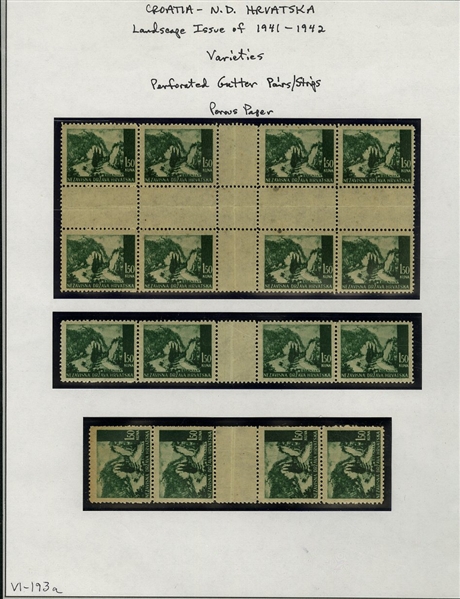 CROATIA (34) 1941-43 Landscapes, 1.50k deep green, horizontal and vertical gutter strips of four, also cross-gutter block of eight, n.h., folded between stamps, couple of minor toned spots,...