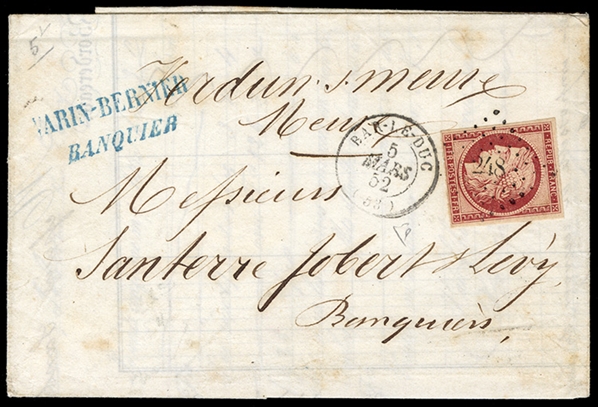 FRANCE (9) 1850 1fr light carmine, margins all around, v.f., tied by "248" small numerals pmk on FL from Bar-le-Duc (5 Mar 1852) to Verdun-d-Meure, with arrival pmk on back, faint peripheral