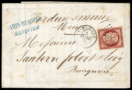 FRANCE (9) 1850 1fr light carmine, margins all around, v.f., tied by 248 small numerals pmk on FL from Bar-le-Duc (5 Mar 1852) to Verdun-d-Meure, with arrival pmk on back, faint peripheral