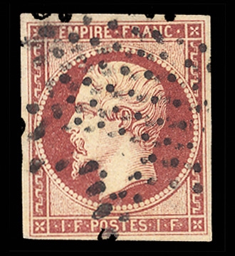 FRANCE (21) 1853-60 1fr lake, star cancel, margins all around, brilliant color, fresh and v.f. stamp, absolutely sound, with 2008 Brun certificate, cat. $2,475