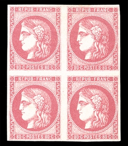 FRANCE (48) 1870-71 80c rose, block of four, margins all around, beautiful color, h.r. at top, slightly disturbed gum at bottom, fresh and v.f., signed Brun (YT 49) €3,500