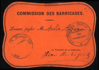 FRANCE 1871 Commune de Paris, three collateral items incl. green pass dated 19 May 1871; red pass headed Commission des Barricades, with Ministry of Public Works hs, signed by Le President...