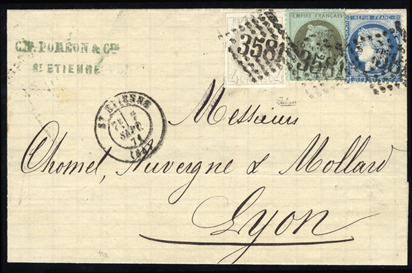 FRANCE (29,31c,44) 1871 (7 Sep) FL from St. Etienne to Lyon, franked with imperf. 4c and perf. 1c Napoleon and 20c Ceres, all tied by "3581" numerals in lozenge, fine combination franking...