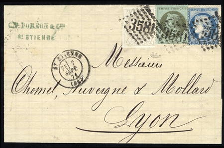 FRANCE (29,31c,44) 1871 (7 Sep) FL from St. Etienne to Lyon, franked with imperf. 4c and perf. 1c Napoleon and 20c Ceres, all tied by 3581 numerals in lozenge, fine combination franking...