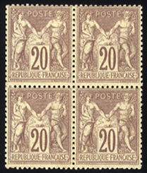FRANCE (70) 1876-78 20c red brown, type I, block of four, l.h., faint gum toning, lower left stamp creased with heavy natural inclusion, otherwise fine (YT 67, Euro 4,000) cat. $2,300