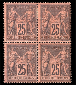 FRANCE (93) 1877-78 25c black, red paper, type II, block of four, heavy h.r., creases, top left stamp thin, otherwise fine and rare block (YT 91, Euro 7,000)