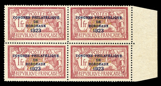 FRANCE (197) 1923 1fr Bordeaux Congress, right sheet margin block of four, well centered, top left stamp l.h., other three n.h., miniscule traces of adhesions, fresh and v.f. block, signed Brun...