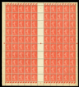 FRANCE (YT 181a, 199n) 1923 1.50fr blue, also 50c Sower, Marseille Postal Forgeries to defraud the Post Office, the so-called Faux de Marseilles, gutter sheets of 100, n.h., fine-v.f., with...