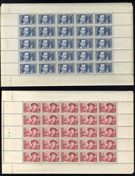 FRANCE  Semi-Postals  (B54-59) 1937 Intellectuals, 50 complete sets (sheets of 25), marginal flaws and occasional perf. separations, stamps n.h., v.f. (YT 380-85, €4,500) cat. $3,575