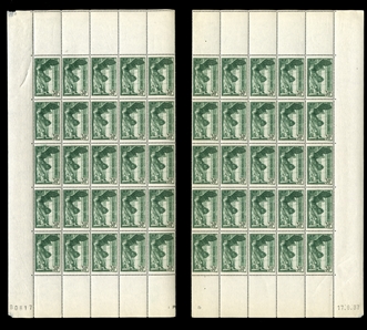 FRANCE  Semi-Postals  (B66-67) 1937 Samothrace, 50 sets (originally sheets, separated into panes of 25), n.h., exceptionally well centered and post office fresh, marginal flaws, stamps v.f.  An...