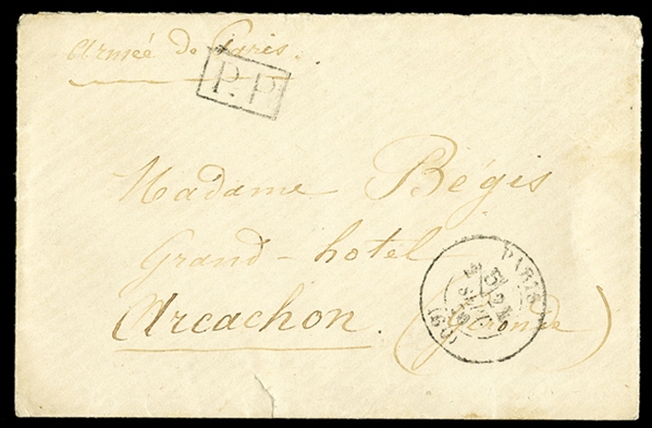 FRANCE 1870-71 Siege of Paris - Par Ballon Monte 1870 (24 Sep) cover with letter of contents, endorsed "Armee de Paris", with boxed P.P. and departure pmk below, addressed to Arcachon, minor...