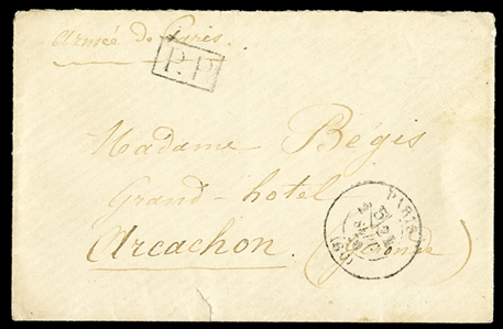 FRANCE 1870-71 Siege of Paris - Par Ballon Monte 1870 (24 Sep) cover with letter of contents, endorsed Armee de Paris, with boxed P.P. and departure pmk below, addressed to Arcachon, minor...