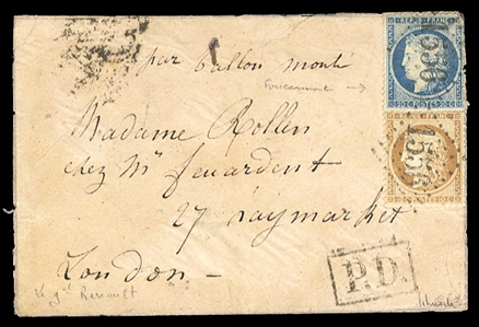 FRANCE 1870-71 Siege of Paris - Par Ballon Monte 1870 (11 December) Le General Renault, flimsy envelope addressed to London, endorsed Par Ballon Monte, paying 30c with 10c and 20c Ceres,...