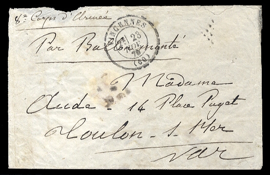 FRANCE 1870-71 Siege of Paris - Par Ballon Monte 1870 "Le Jacquard", flimsy envelope endorsed "8e Corps dArmee" and "Par Ballon Monte", addressed to Toulon-sur-Mer, with pmk of Vincennes 28...