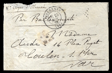FRANCE 1870-71 Siege of Paris - Par Ballon Monte 1870 Le Jacquard, flimsy envelope endorsed 8e Corps d''Armee and Par Ballon Monte, addressed to Toulon-sur-Mer, with pmk of Vincennes 28...