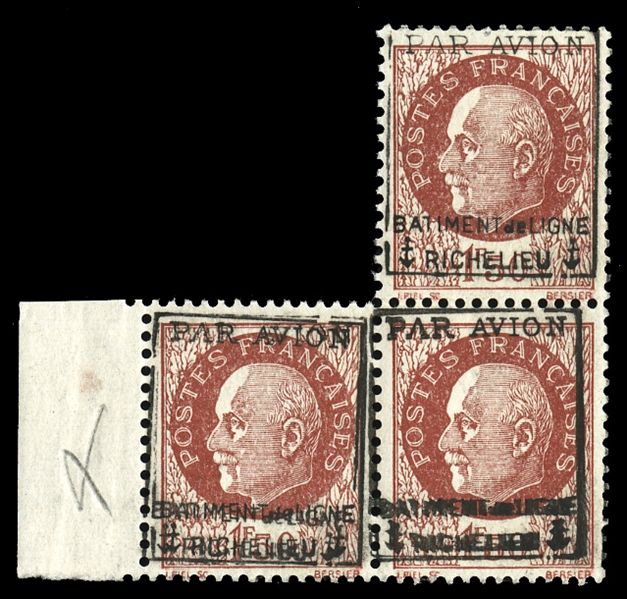 FRANCE  Military Air Post 1943 Battleship "Richelieu," Petain, 1.50fr "block" of three, bottom stamps double overprints, n.h., fine-v.f.