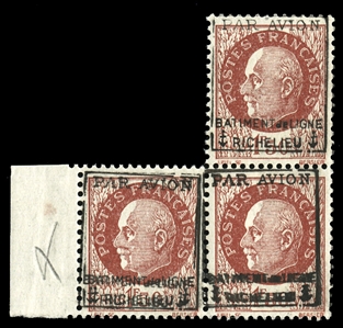 FRANCE  Military Air Post 1943 Battleship Richelieu, Petain, 1.50fr block of three, bottom stamps double overprints, n.h., fine-v.f.