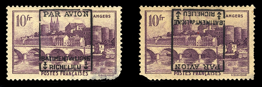 FRANCE  Military Air Post (Maury 7,7var) 1943 Battleship Richelieu, Angers, 10fr violet, two defective stamps, each with clear overprint, one inverted, fine appearance, €3,400