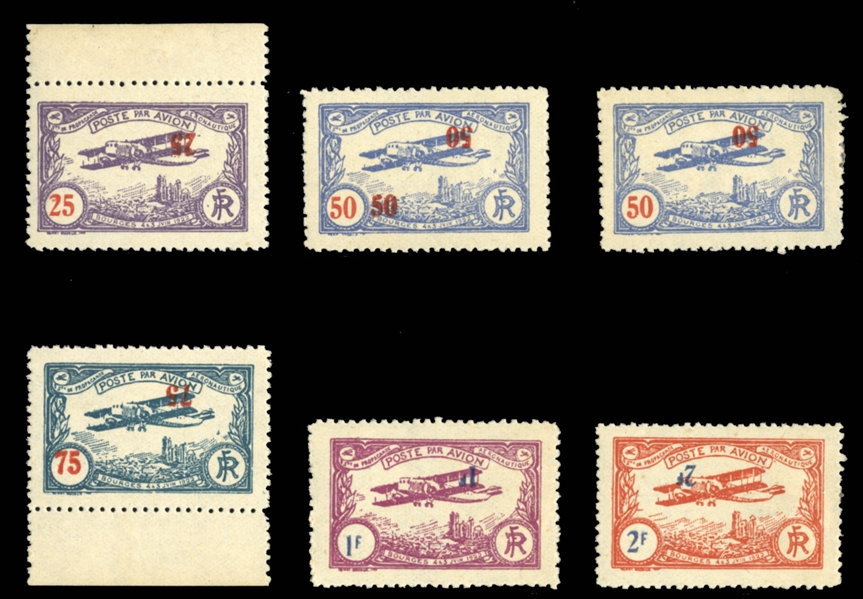 FRANCE  Air Post Semi-Officials 1922 Bourges Aviation Meeting, set of five with values double, one inverted, also three additional varieties, including 50fr with red triple, one inverted, 1fr...