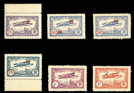 FRANCE  Air Post Semi-Officials 1922 Bourges Aviation Meeting, set of five with values double, one inverted, also three additional varieties, including 50fr with red triple, one inverted, 1fr...