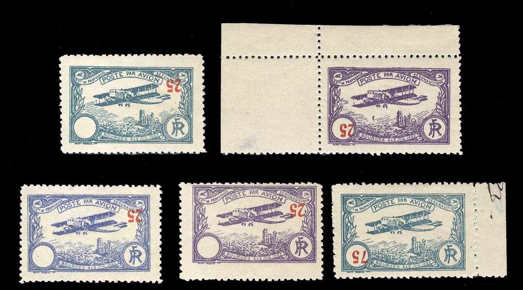 FRANCE  Air Post Semi-Officials 1922 Bourges Aviation Meeting, five inverted value varieties, with green, ultramarine and violet stamps with "25" inverted in upper right, violet "25" (corner...