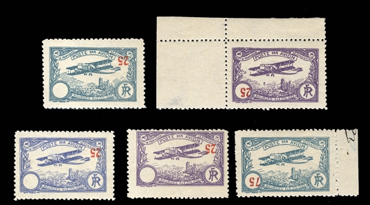 FRANCE  Air Post Semi-Officials 1922 Bourges Aviation Meeting, five inverted value varieties, with green, ultramarine and violet stamps with 25 inverted in upper right, violet 25 (corner...