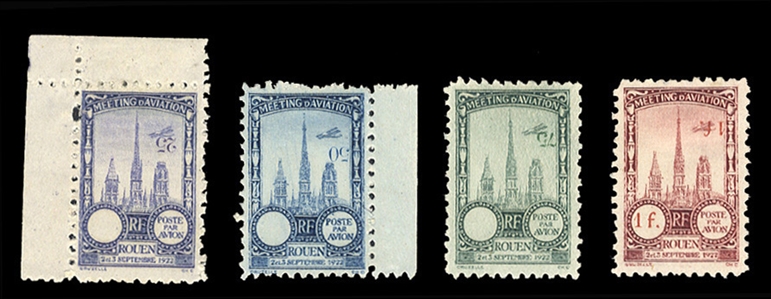 FRANCE  Air Post Semi-Officials 1922 Rouen Aviation Meeting, set of five, each with values inverted in upper right corner, h.r., fine-v.f., with 2007 Rendon certificate
