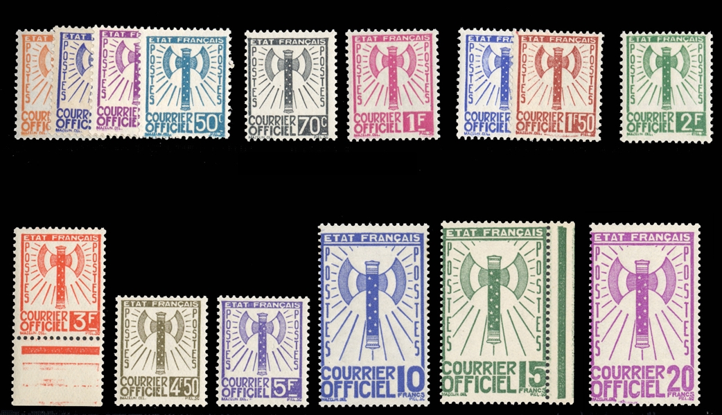 FRANCE Officials (YT 1-15) 1943 Courier Officiel, 10c-20fr complete, n.h., fine-v.f., €3,200